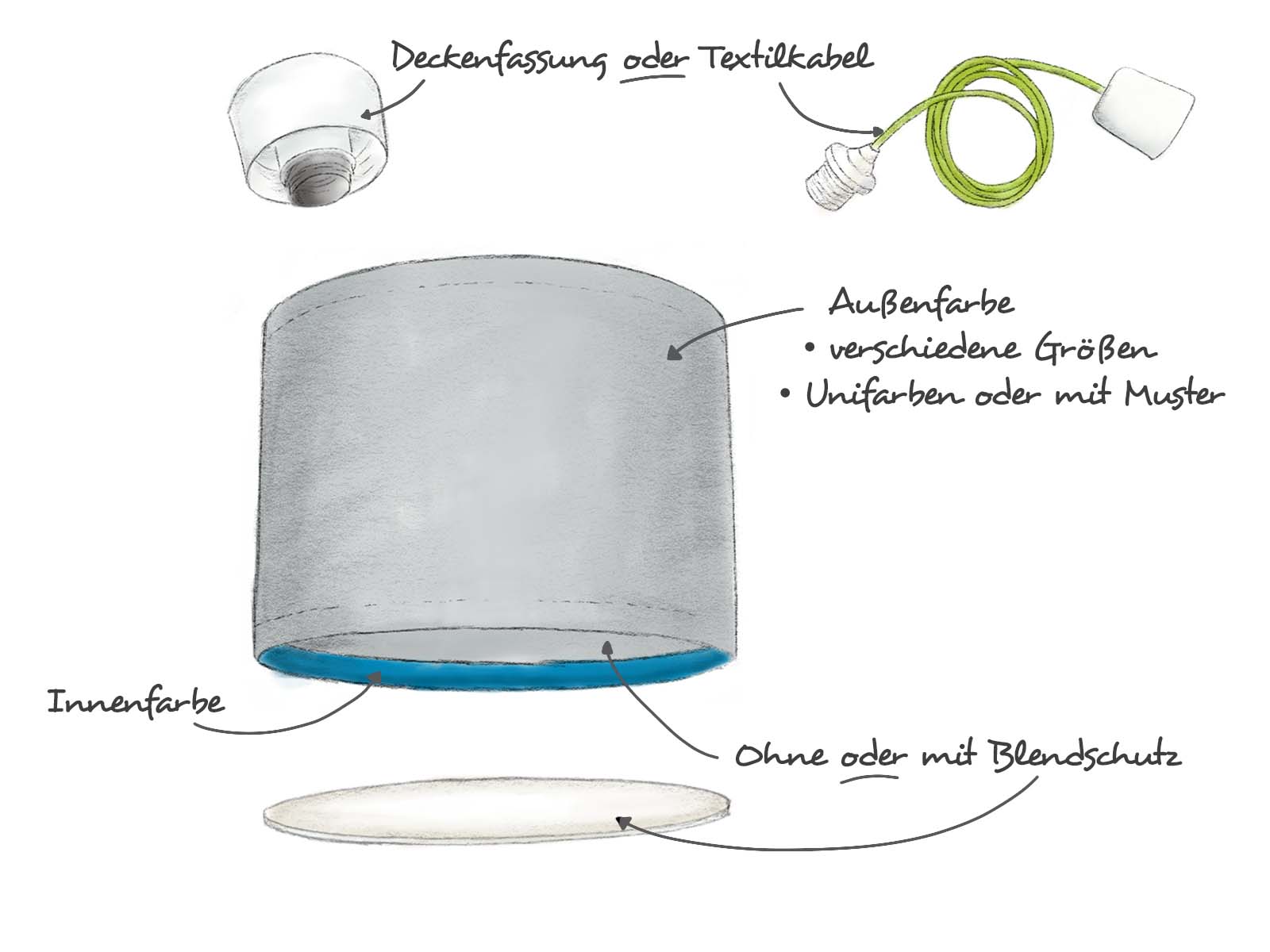 Lampe aus Filz Auswahlmoeglichkeiten