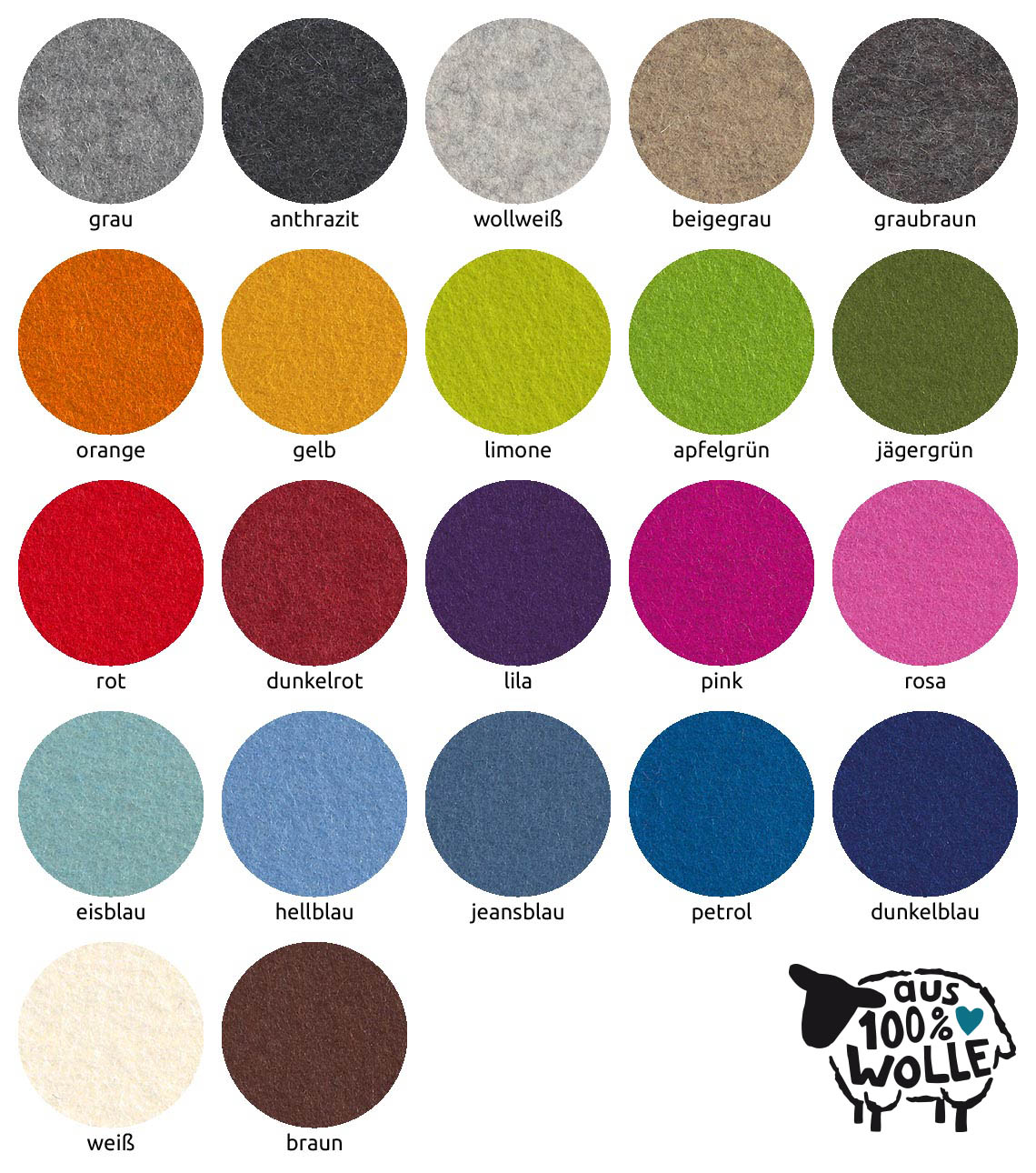 Unsere Farben Uebersicht Filz aus Wolle 3mm