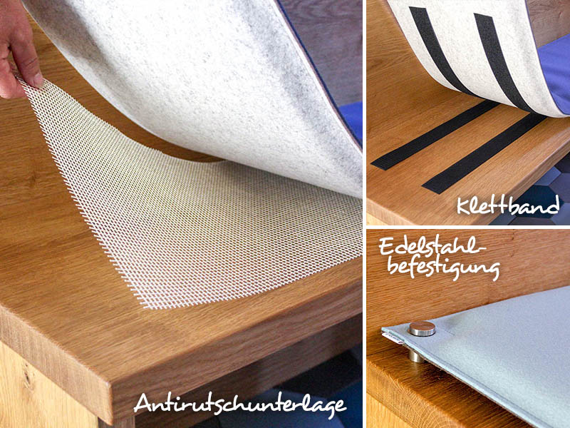 bankauflage antirutsch klettband oder edelstahlbefestigung