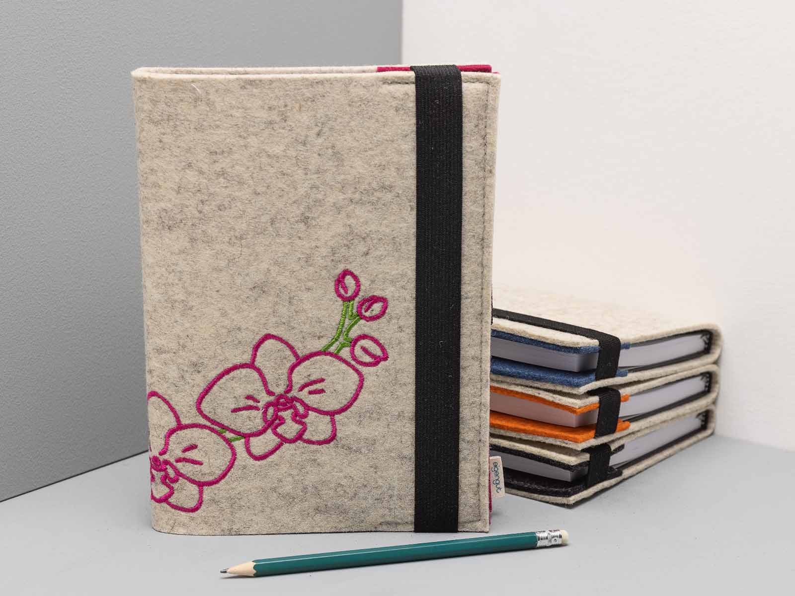 Notizbuch mit Filz Einband Motiv Orchidee in Pink