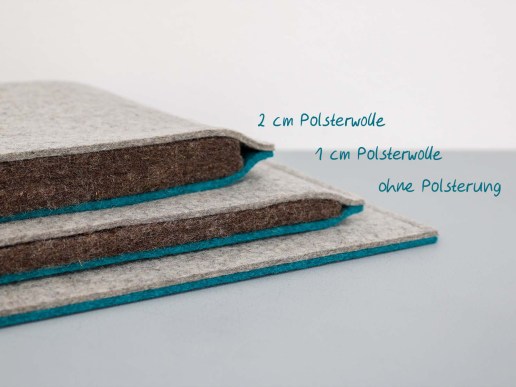 Übersicht der verschiedenen Polsterungen mit Polsterwolle. Ganz unten ohne, mitte mit 1 cm Polsterwolle, oben 2 cm Polsterwolle