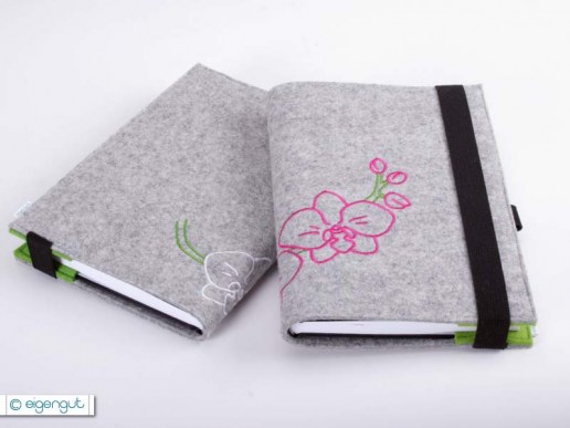 Notizbuch mit Filz Einband grau und Motiv Orchidee in Pink